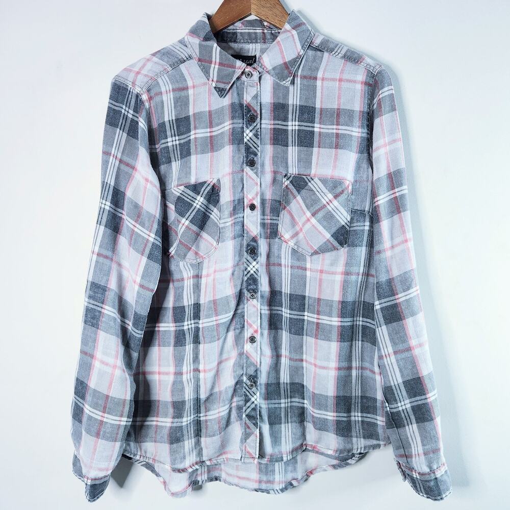 Vintage Wet Seal Womens Gray Pink Plaid Button Up Shirt Size Large Y2K Western